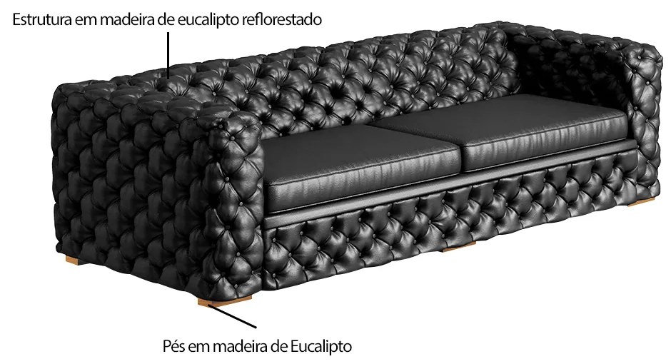 Sofá 3 Lugares Gênova 240cm Couro Preto G58 - Gran Belo