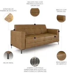 Sofá 2 Lugares 200cm Pés Metálicos Sallin Sintético Camel Z08 - Mpozen