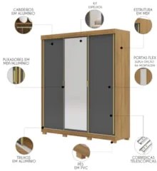 Guarda Roupa Casal 200cm Com Espelho Porto Flex Nature/Alasca - Vila R