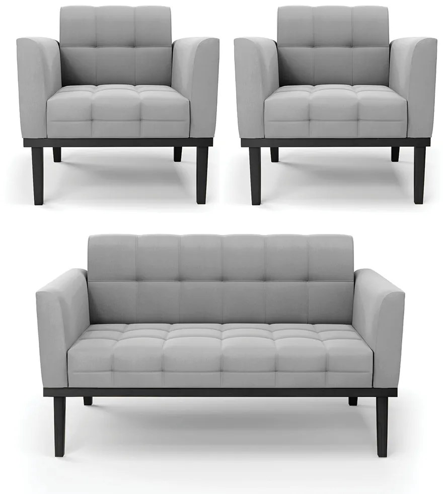Conjunto 2 Poltronas e 1 Namoradeira Decorativa Karen Pés Fixo em Madeira Preto Suede Cinza G19 - Gran Belo