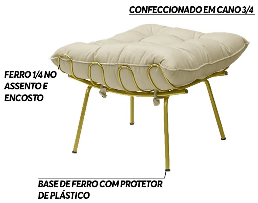Puff Decorativo Sala de Estar Abel Pés Dourado Veludo Bege G41 - Gran Belo