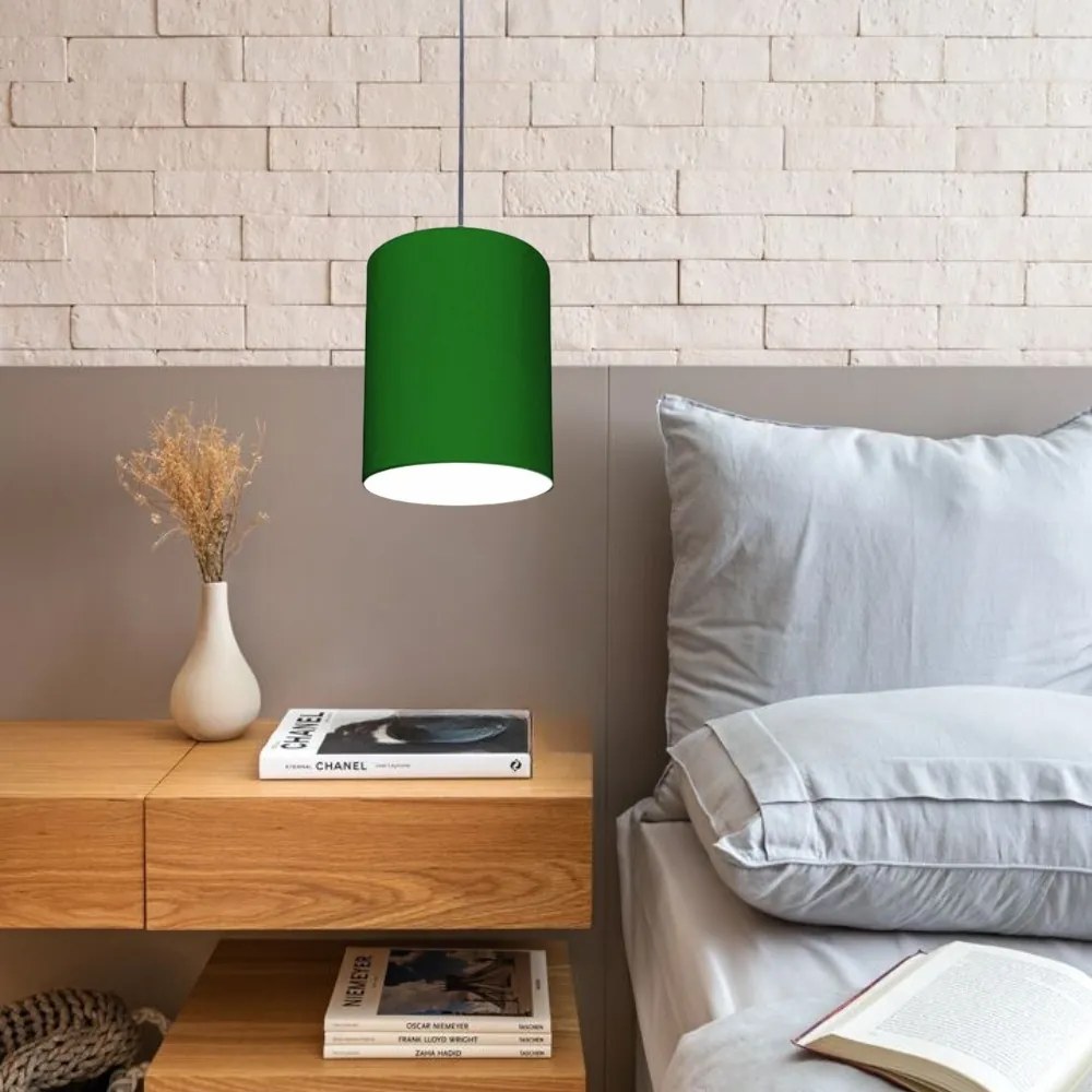 Lustre Pendente Cilíndrico Md-4012 Cúpula em Tecido 18x25cm Verde Folha - Bivolt
