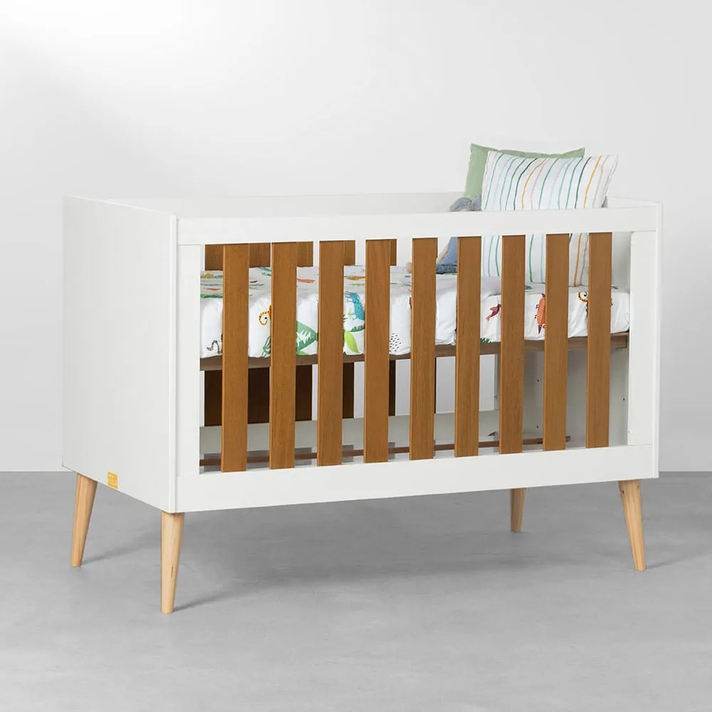 Berço Mini Cama Noah com Pés Retrô Natural - Branco e Savana