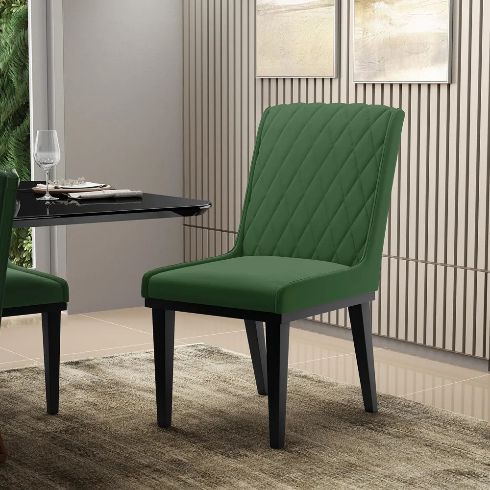 Cadeira Sala de Jantar Base Madeira Preto Kit 4 Sofia Suede D03 - D'Rossi - Verde