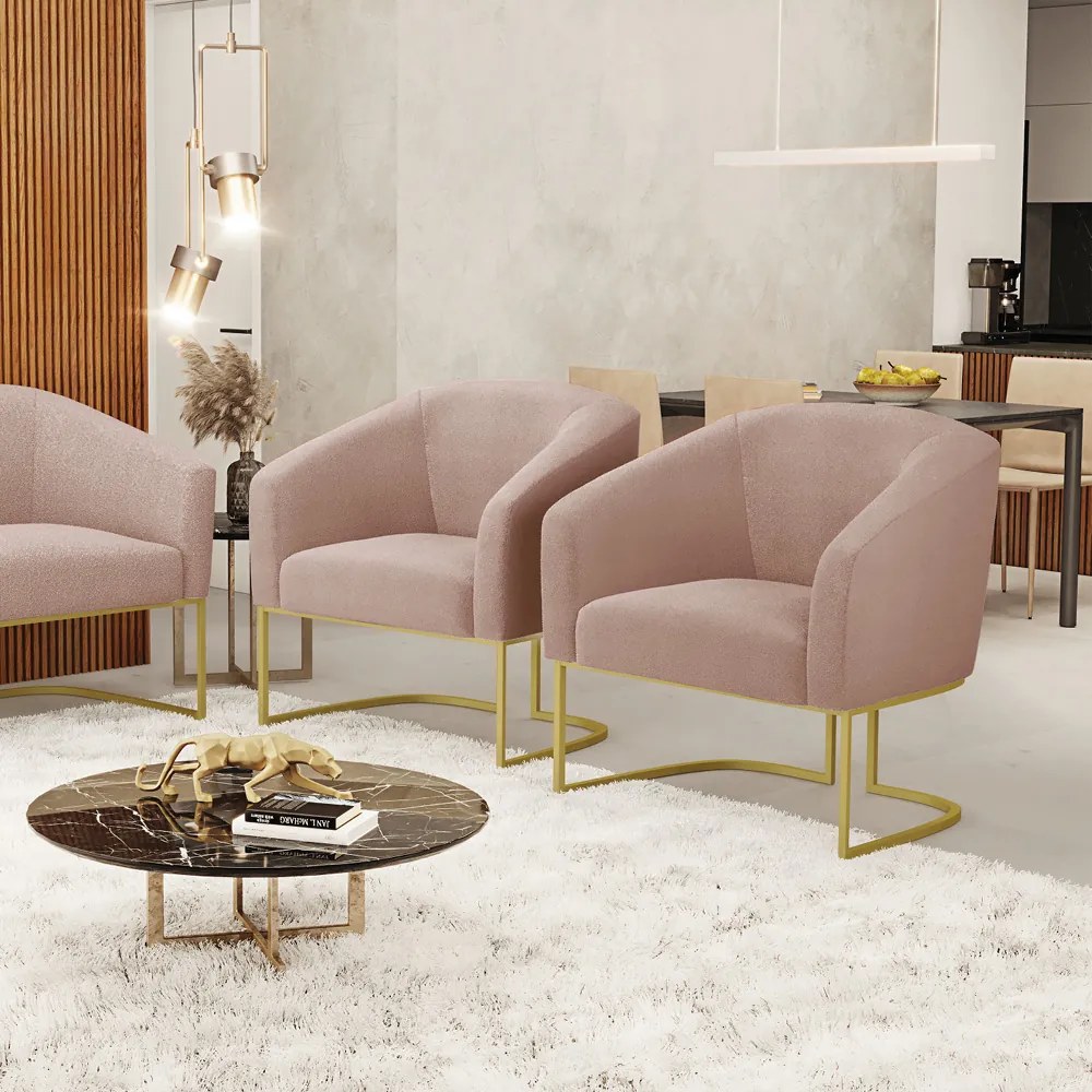 Poltrona Decorativa Industrial Dourado kit 2 Stella Bouclê D03 - D'Rossi - Rose