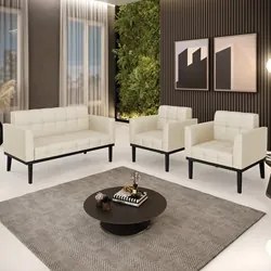 Sofá Namoradeira e 2 Poltronas Base Madeira Preto Ana Veludo Luxo Off