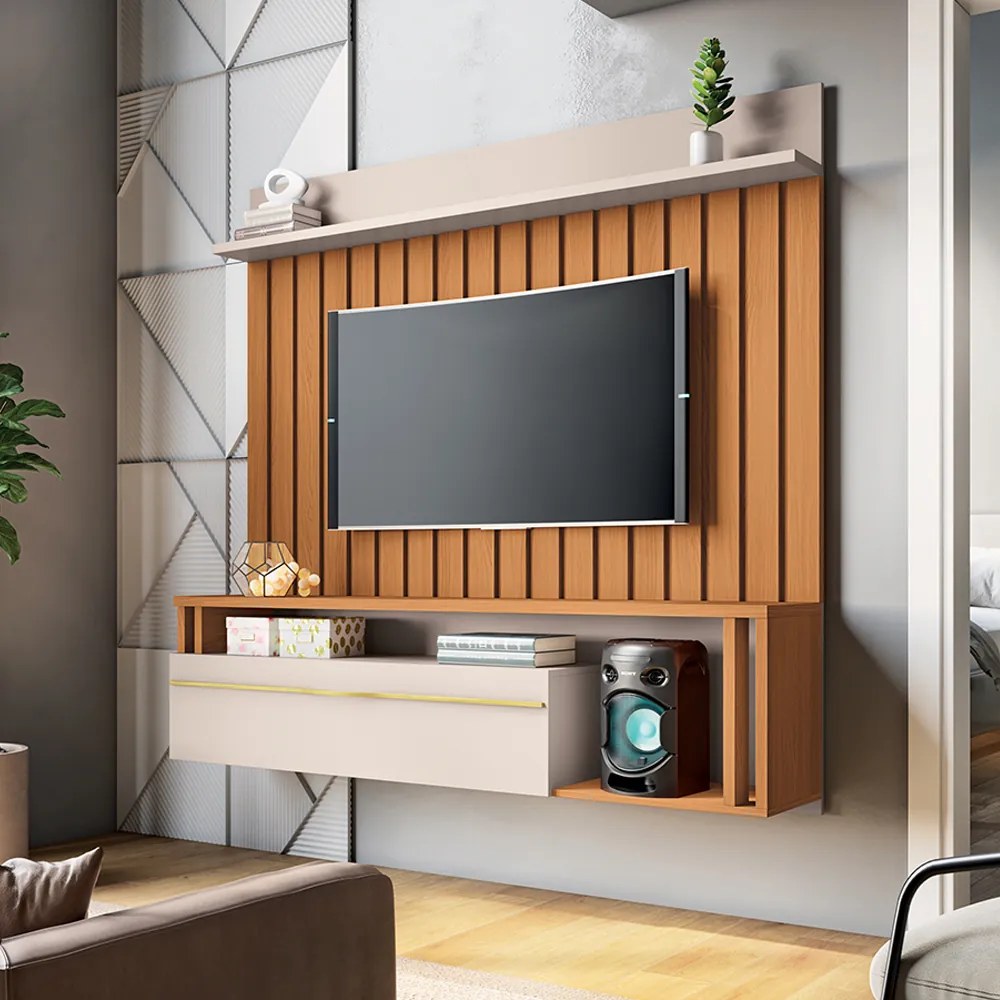 Painel Suspenso Decorativo Self Ripado pata TV até 55" Cinamomo/Off White G26 - HB Móveis