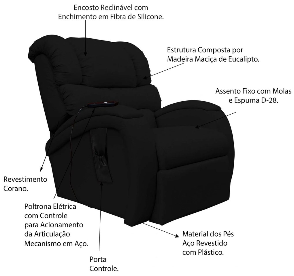 Poltrona do Papai Reclinável Elétrica com Controle Sala de Estar Oasis PU Sintético Preto G23 - Gran Belo