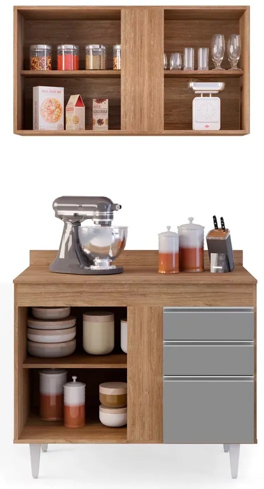 Kit Armário Aéreo e Balcão de Cozinha Lavanderia Aurora com Tampo 100 cm - D'Rossi - Castanho e Cinza