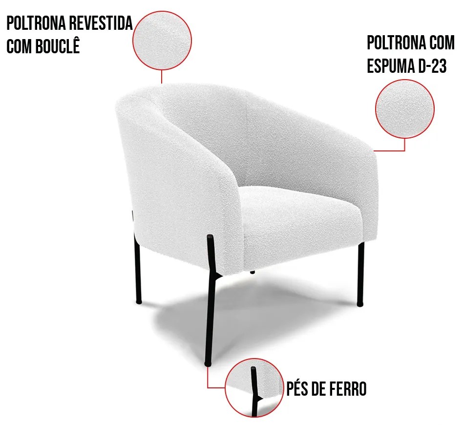 Poltrona Sala Decorativa Pé de Ferro Preto Stella Bouclê D03 - D'Rossi - Off White