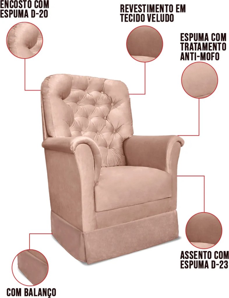 Poltrona de Amamentação com Balanço e Puff Angelin Veludo P02 - D'Rossi - Rose