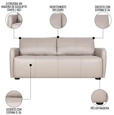 Sofá Living 3 Lugares Sala de Estar 220cm Virtus L07 Couro Bege - Mpoz