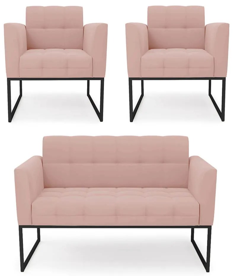 Kit 1 Sofá Namoradeira e 2 Poltronas Elisa Veludo Rosê Base Metálica Industrial Preto D03 - D'Rossi