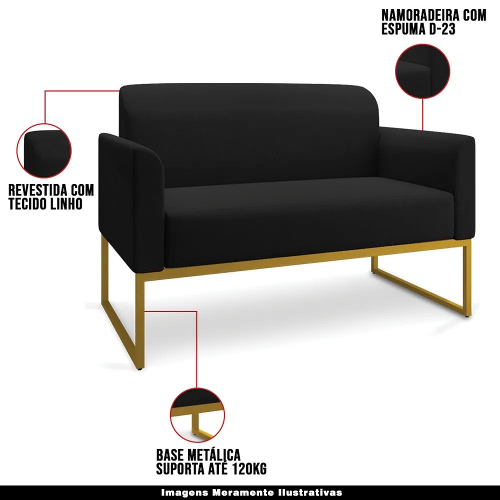 Poltrona Namoradeira Decorativa Isabella Base Industrial Linho Preto/Dourado G19 - Gran Belo