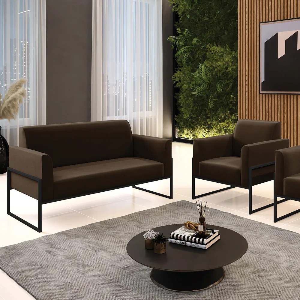 Sofá Namoradeira com Poltrona Base Industrial Alta Preto Marisa Suede D03 - D'Rossi - Marrom