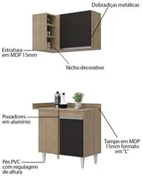Balcão 1 Porta Denver e Armário Aéreo Austin de Canto Castanho/Preto -