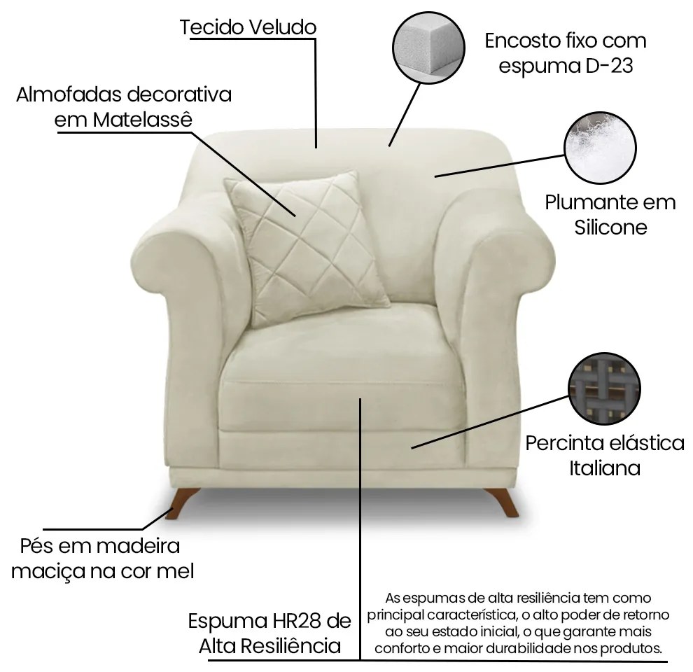 Poltrona Sala de Estar Pé de Madeira Julieta Veludo S04 - D'Rossi - Bege