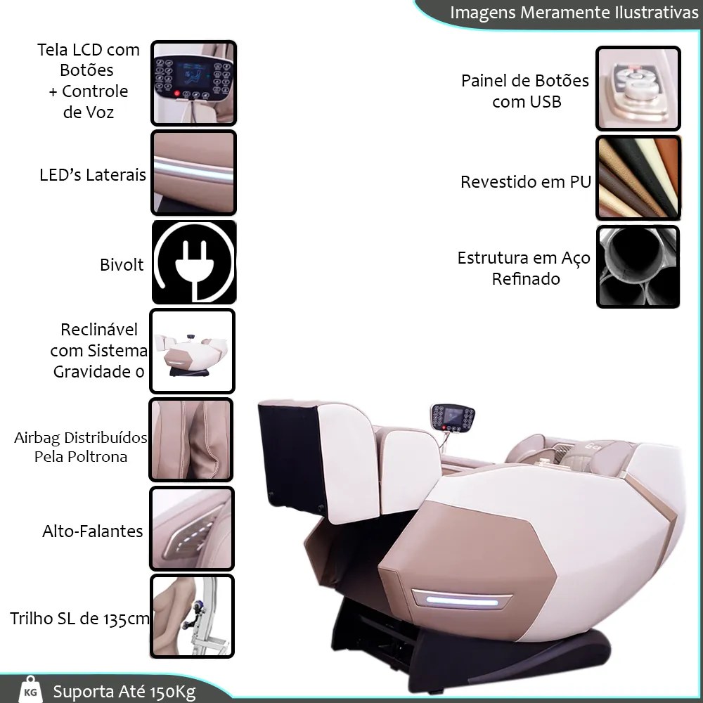 Poltrona de Massagem Elétrica Reclinação Gravidade Zero 3D Marvin Tela LCD PU Bege G94 - Gran Belo