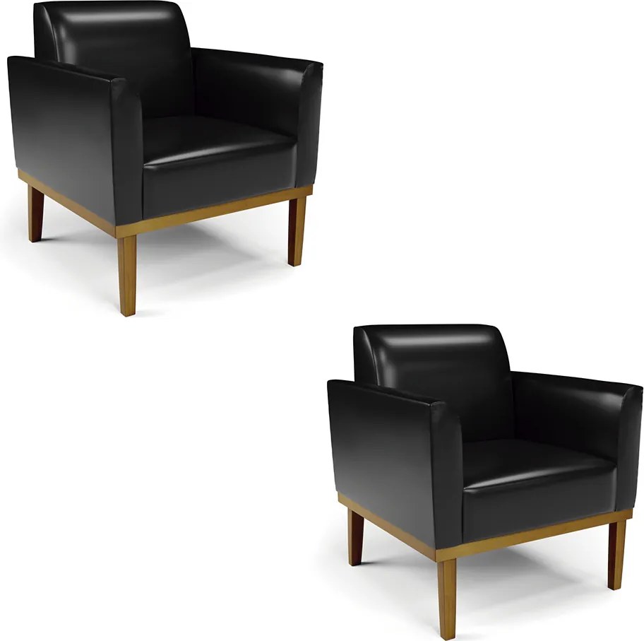Kit 2 Poltronas Decorativas Isabella Pés Fixo em Madeira Castanho PU Preto Brilho G19 - Gran Belo