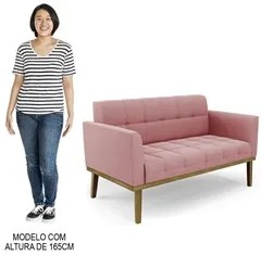 Sofá Namoradeira e 2 Poltronas Base Madeira Castanho Ana Suede Rosê -