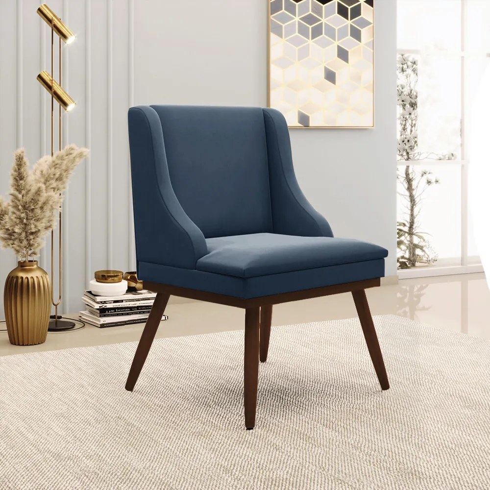 Cadeira de Jantar Liz Suede Base Fixa Madeira com Pés Palito Tabaco D03 - D'Rossi - Azul Marinho