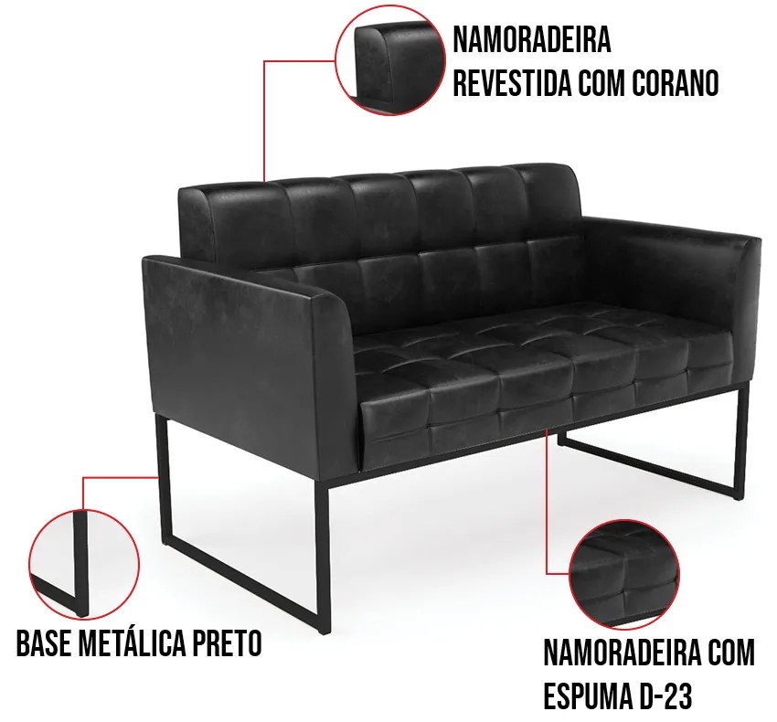 Kit 1 Sofá Namoradeira e 1 Poltrona Elisa Corano Base Metálica Industrial Preto D03 - D'Rossi - Preto