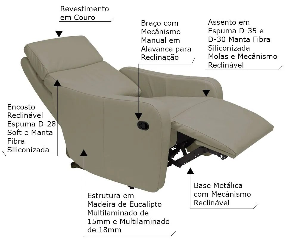 Poltrona Decorativa Reclinável Manual Moroni Couro Avelã G43 - Gran Belo