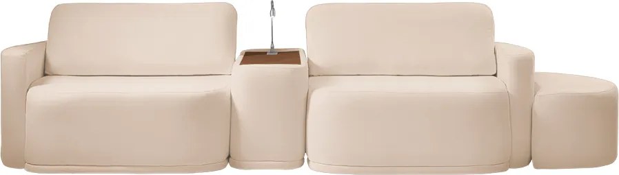 Sofá Sala Modulado 299cm com Puff Console USB Luminária Brumma Bouclê K01 - D'Rossi - Bege
