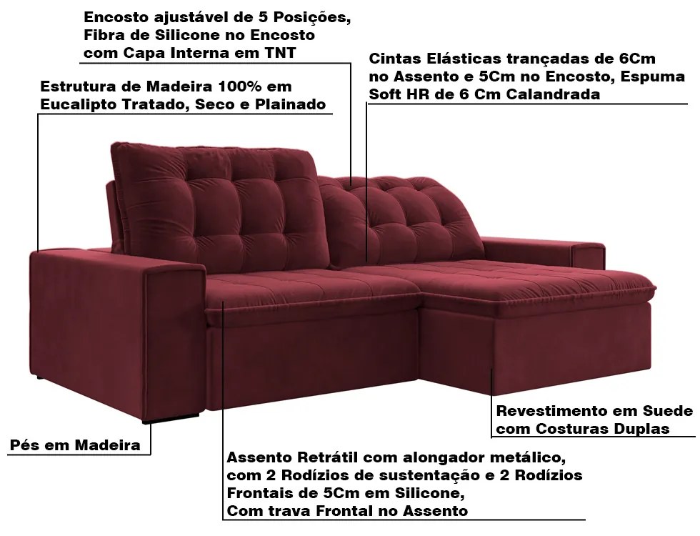 Sofá Retrátil 274 cm Sala de Estar Gabi Suede Bordô G52 - Gran Belo
