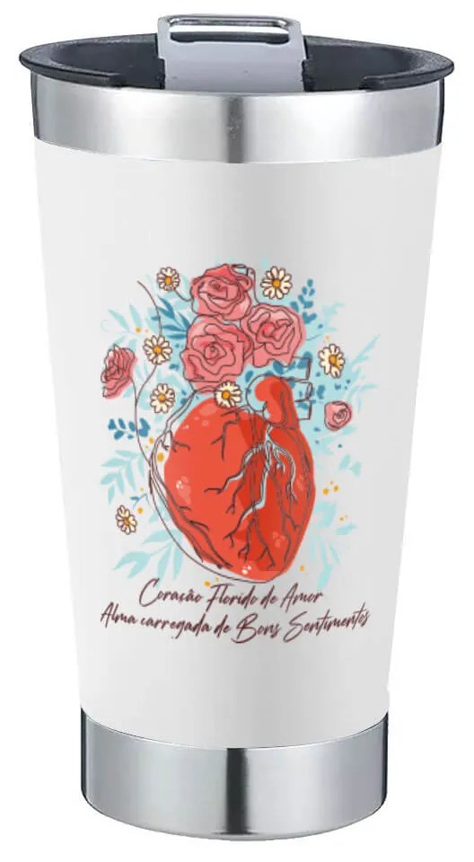 Copo Térmico Coração Florido de Amor Cerveja Café em Inox Com Tampa e Abridor Chopp