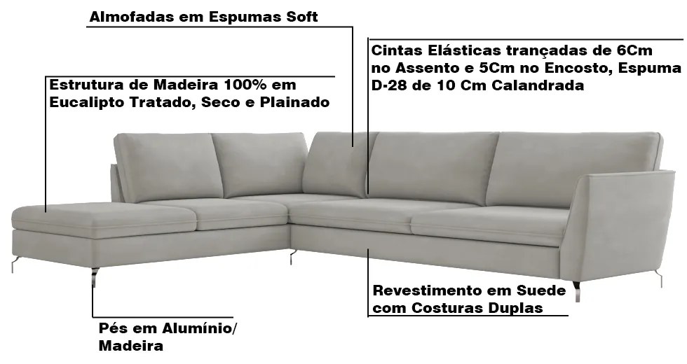 Sofá de Canto Chaise Esquerdo 267 cm Olívia Suede Cinza G52 - Gran Belo