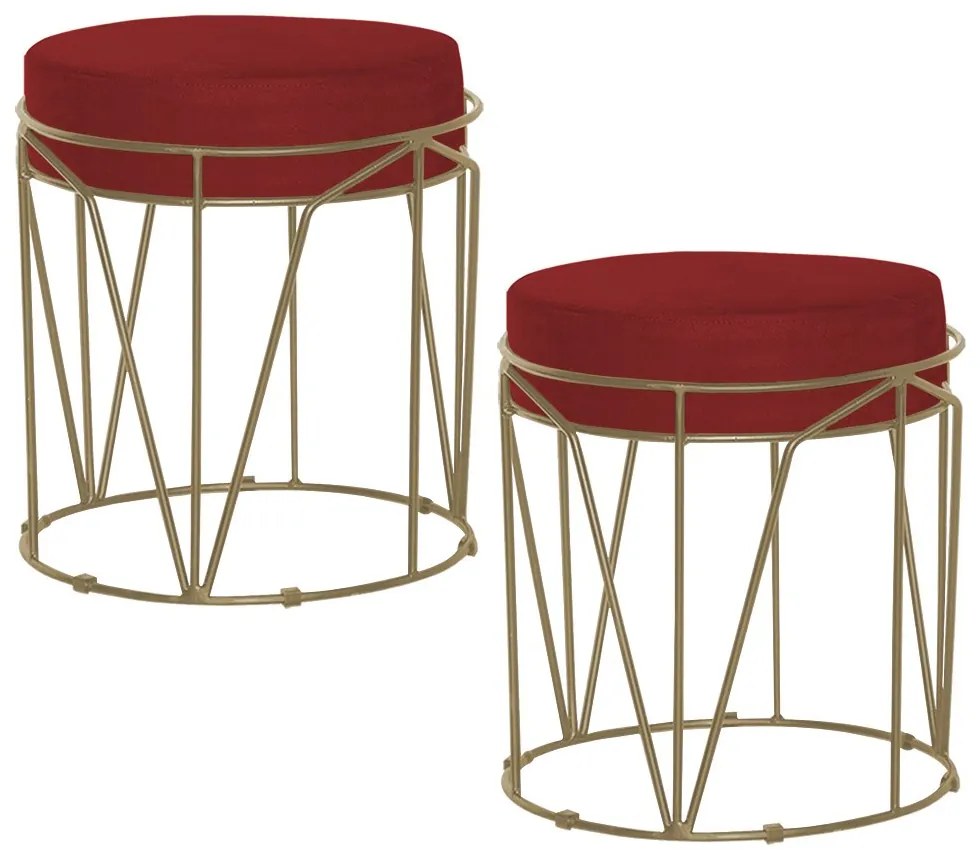 Kit 2 Puffs Decorativo Sala de Estar Base Gold Chloe Suede Vermelho G41 - Gran Belo