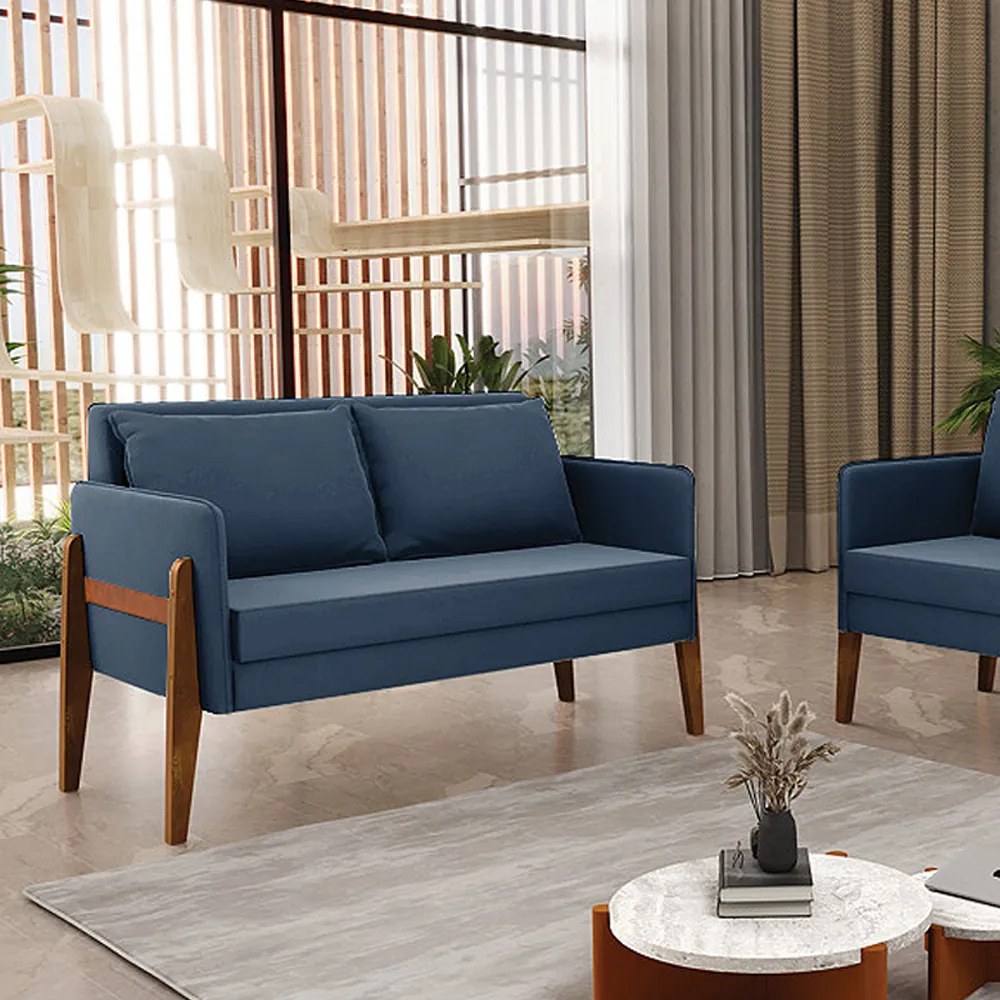 Sofá Namoradeira Lana Suede Base de Madeira D03 - D'Rossi  - Azul Marinho