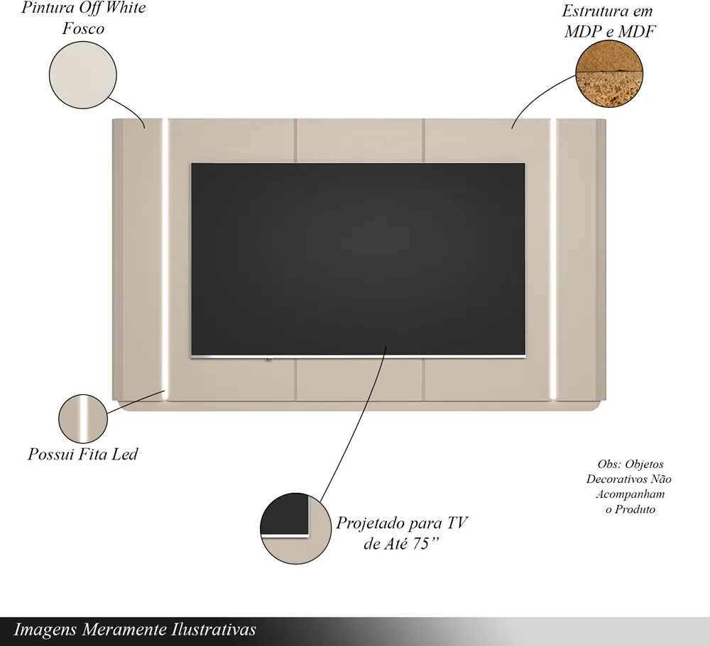 Painel Decorativo Switch MDP/MDF TV até 75 Polegadas com Fita LED Off White G77 - Gran Belo