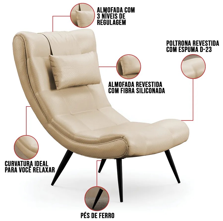 Kit 01 Poltrona e 01 Puff Sher Facto Pés Palito de Ferro D03 - D'Rossi - Bege