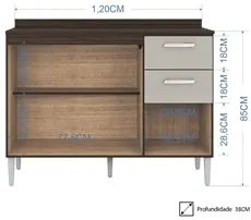 Balcão de Cozinha com Tampo 120cm 3 Portas 2 Gavetas Livy P11 Chocolat
