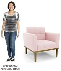 Sofá Namoradeira e 2 Poltronas Base Madeira Castanho Ana Suede Rosa Be