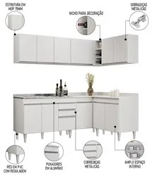 Armário de Cozinha Modulado de Canto 6 Peças CP30 com Pia Inox Branco