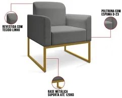 Poltrona Decorativa Base Industrial Dourada Maressa A26 Linho Grafite