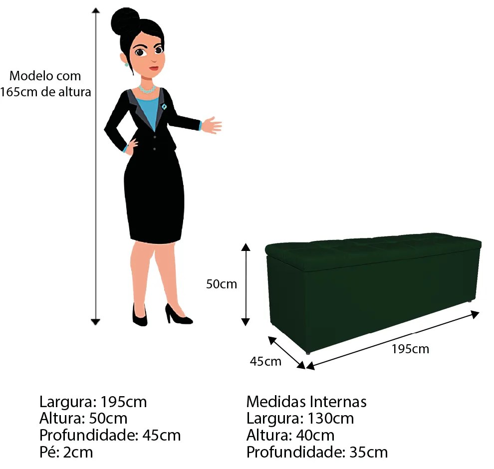 Calçadeira Estofada Manchester 195 cm King Size Suede Verde - ADJ Decor