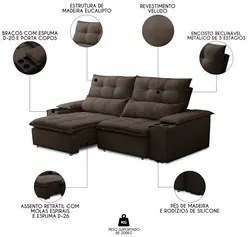 Sofá Retrátil 3 Lugares com Porta Copo 210cm Malta F05 Veludo Marrom E