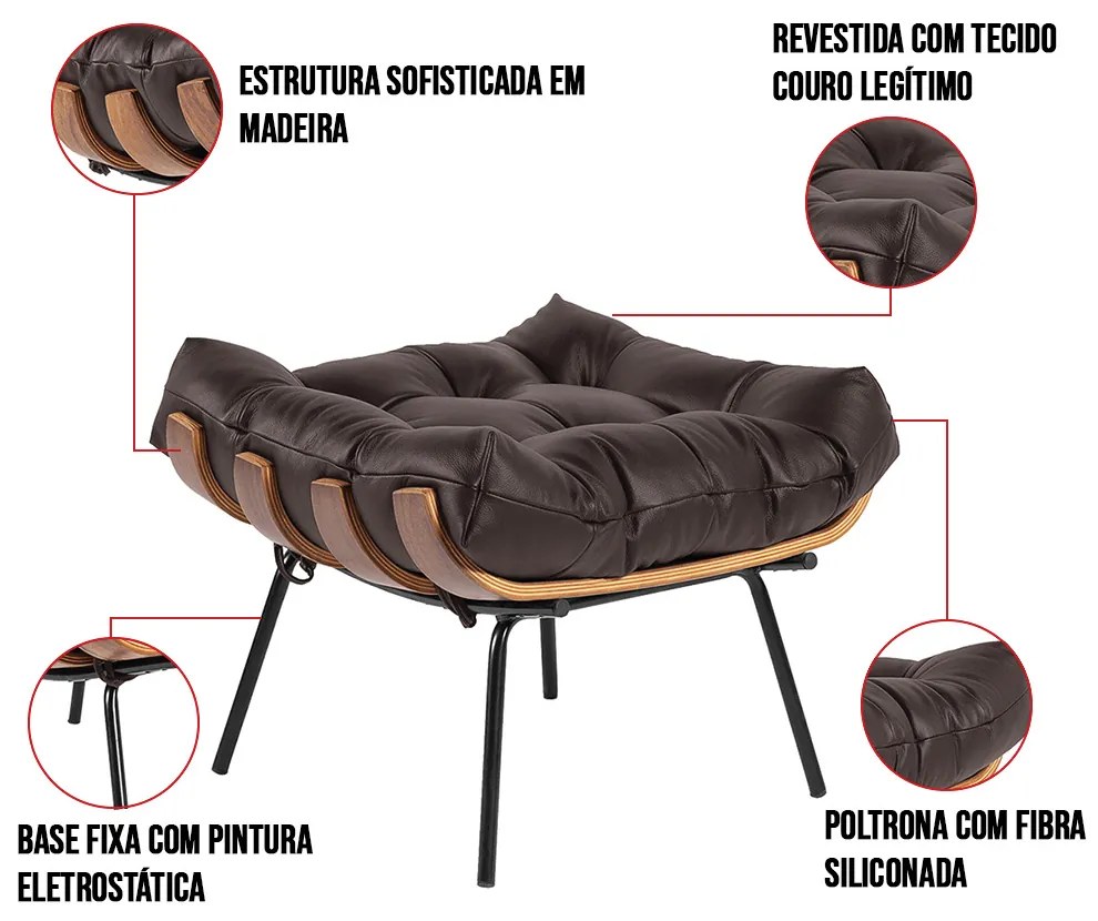 Puff Costela Couro Marrom Base Metálica Preto - D'Rossi