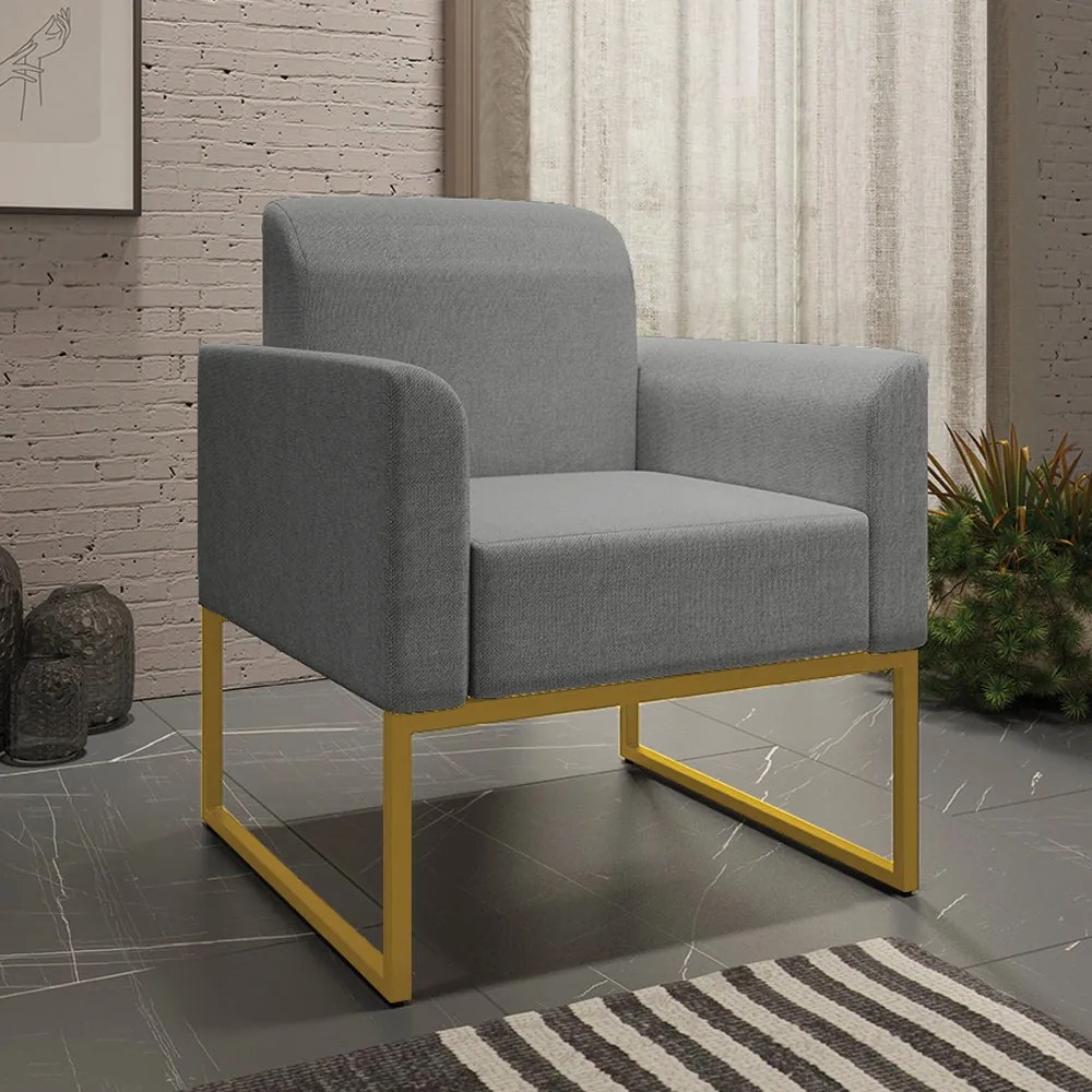 Kit 2 Poltronas Decorativas Isabella Base Industrial Linho Grafite/Dourado G19