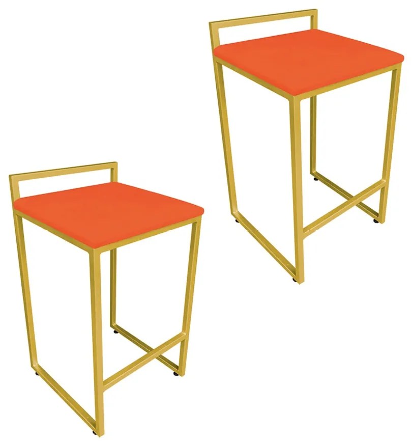 Conjunto 02 Banquetas Pietra Suede Base Dourado D03 - D'Rossi - Laranja