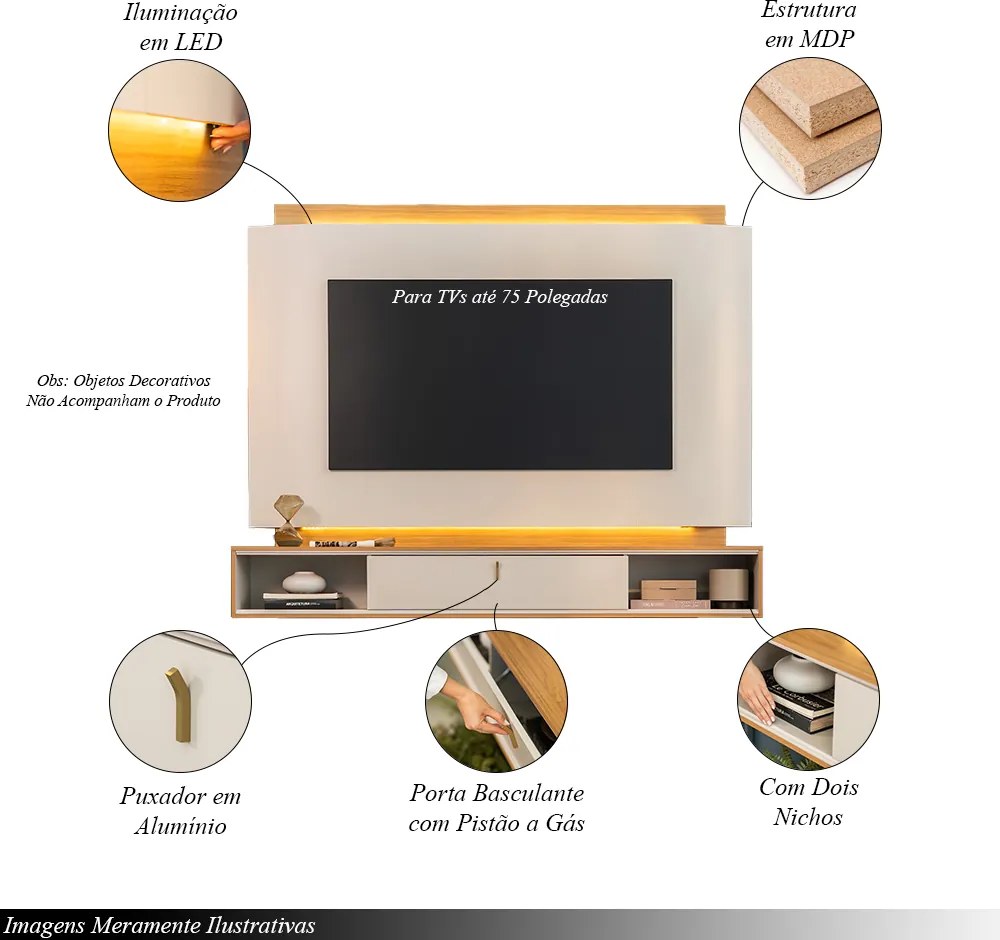 Painel Decorativo Home MDP TV até 75 Polegadas com LED Hogan Tauari/Off White G77 - Gran Belo