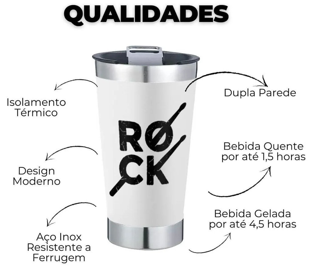 Copo Térmico Rock Baquetas Branco Com Tampa e Abridor Chopp