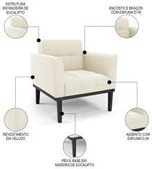 Sofá Namoradeira e 2 Poltronas Base Madeira Preto Ana Veludo Bege - Ib
