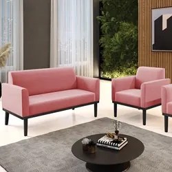 Sofá Namoradeira e 1 Poltrona Base Madeira Preto Maressa Suede Rosê -