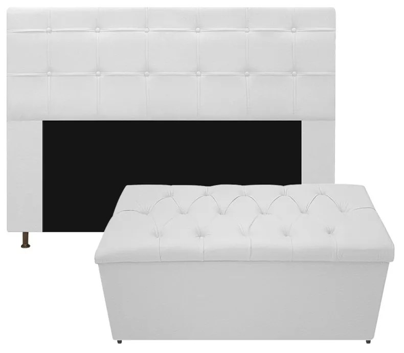 Kit Cabeceira e Calçadeira Baú Estofada Mel 160 cm Queen Size Com Capitonê Corano Branco - ADJ Decor