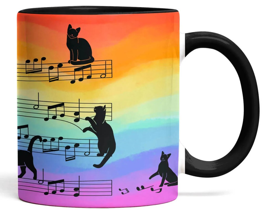 Caneca Gato Musical Arco Iris Cat Lover Colorida com Alça Preto
